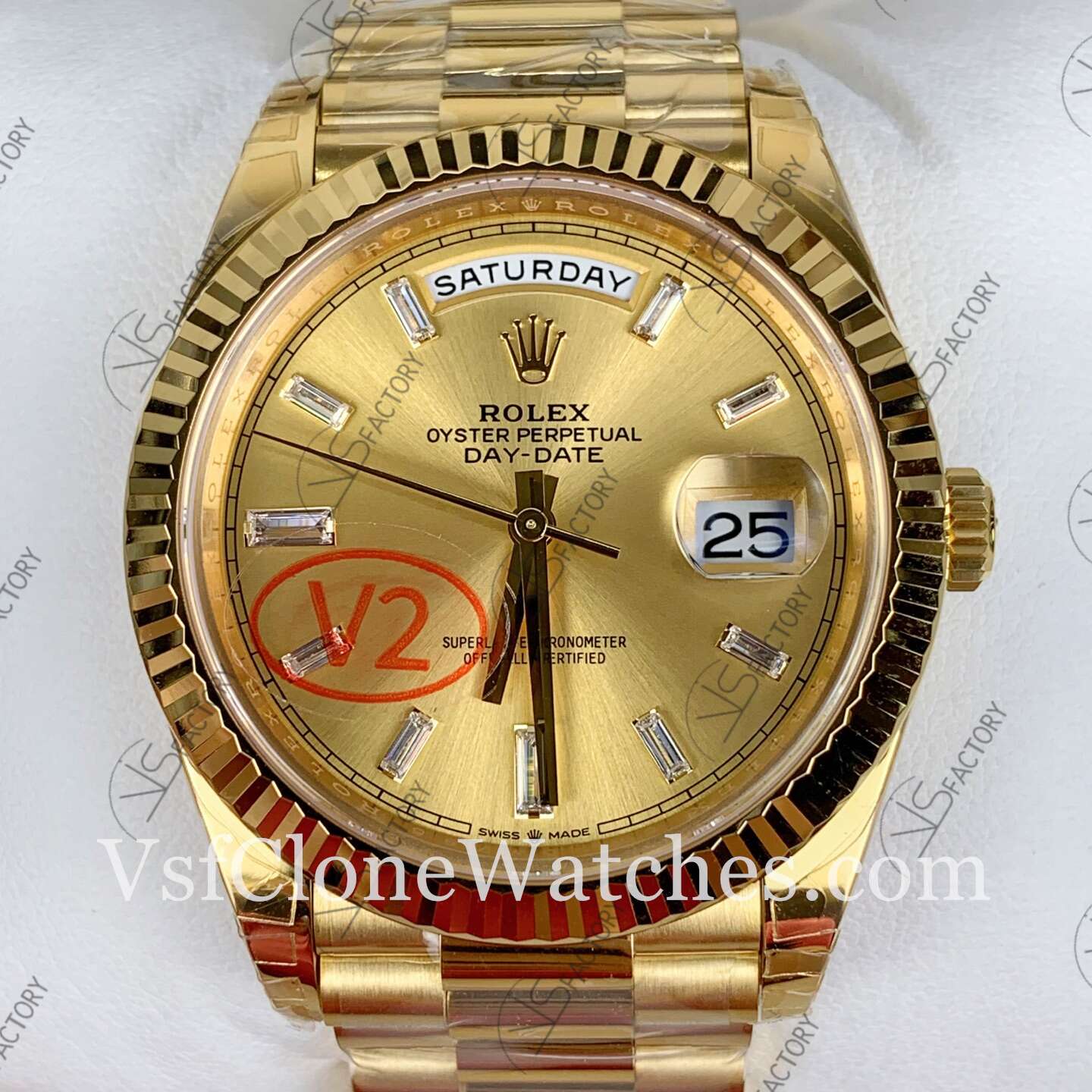 Super Clone Watches – Rolex Day Date M228238-0005 3255 Movement 40mm Gold Dial Diamond Hour Markers - Image 4