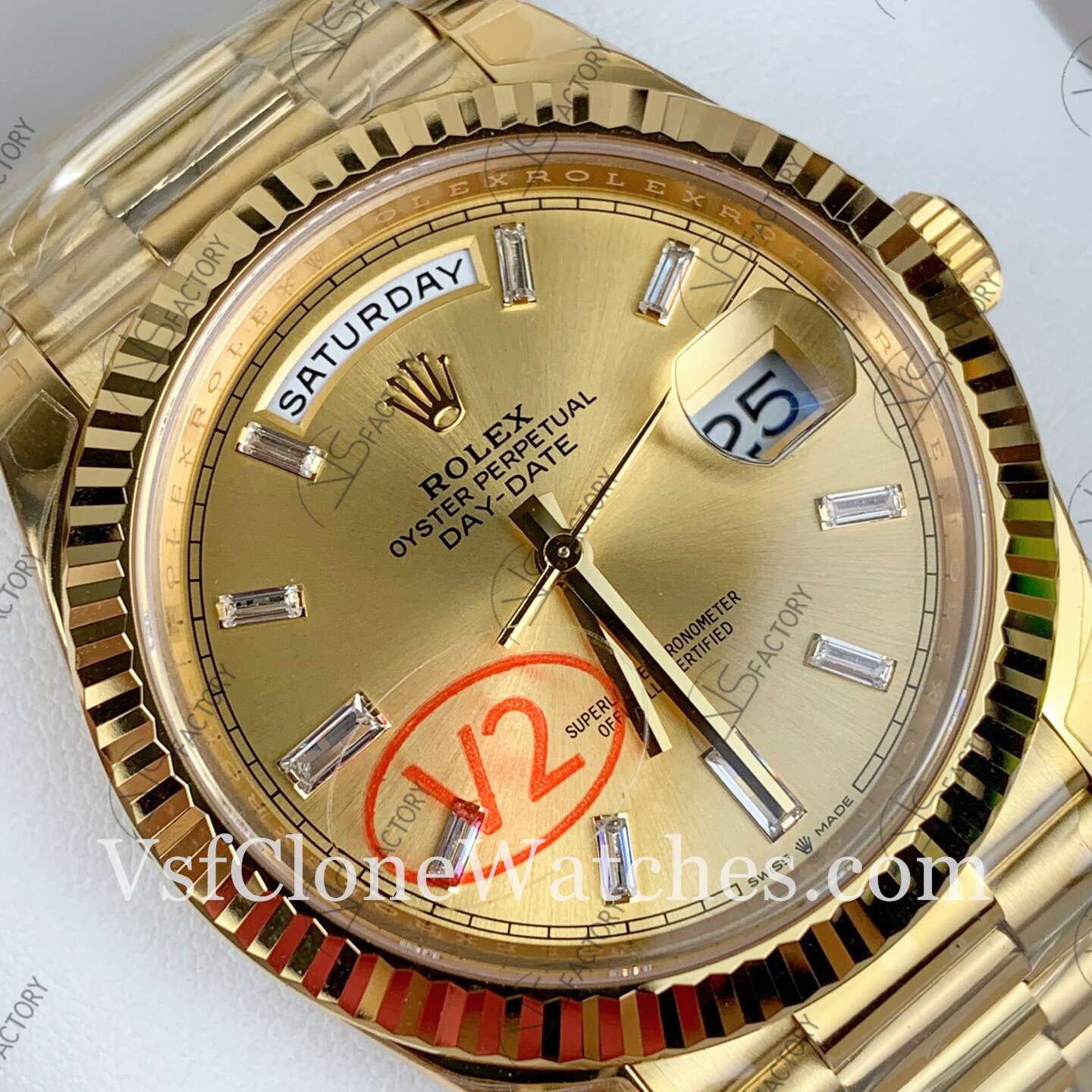 Super Clone Watches – Rolex Day Date M228238-0005 3255 Movement 40mm Gold Dial Diamond Hour Markers - Image 5