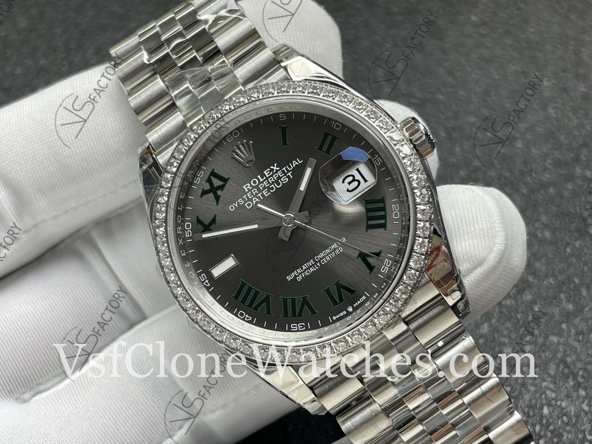 Super Clone Watches – Rolex DateJust m126284rbr-0037 Jubilee 36MM 3235 Movement Grey Roman Dial Diamond Bezel - Image 3