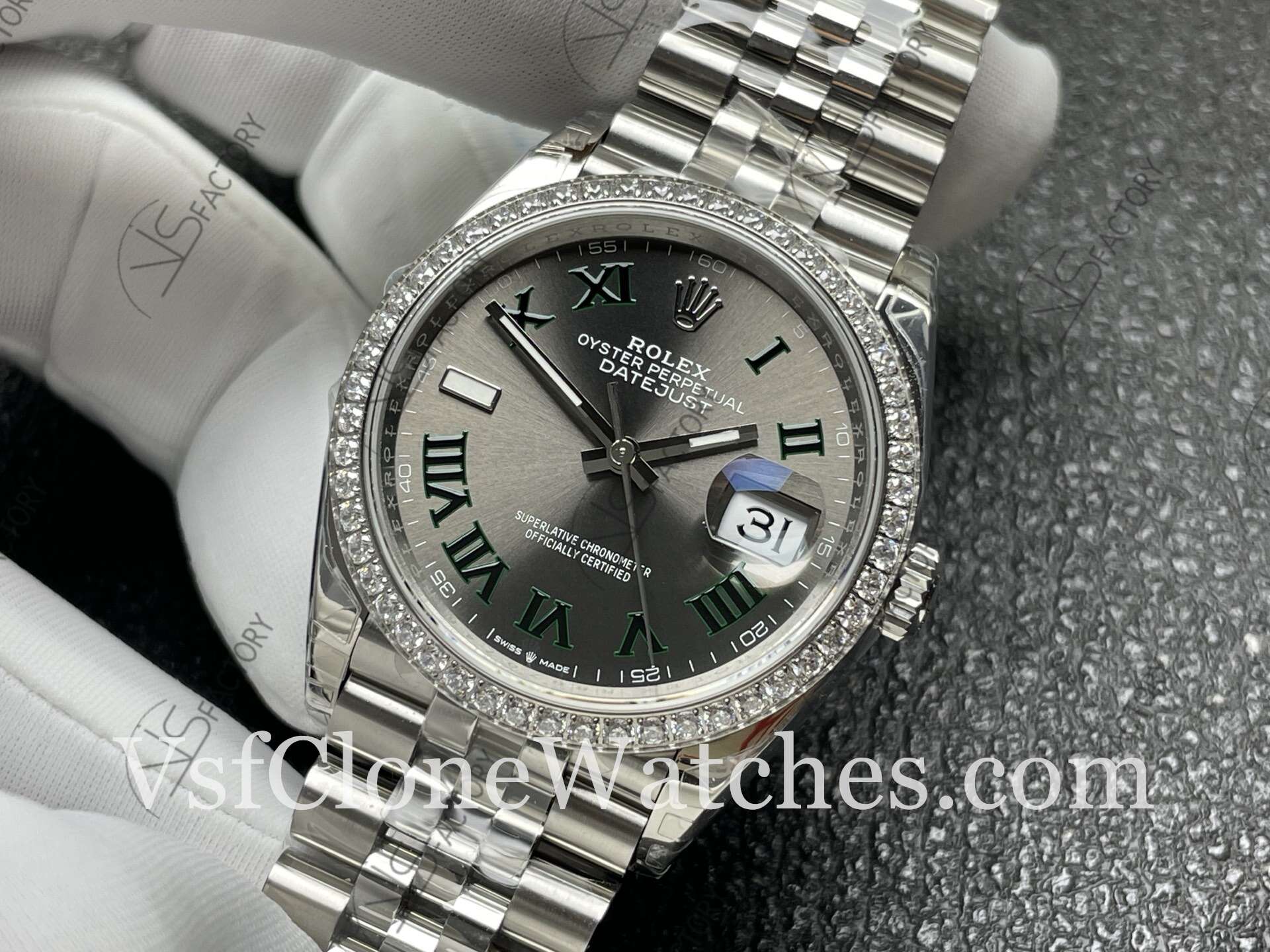 Super Clone Watches – Rolex DateJust m126284rbr-0037 Jubilee 36MM 3235 Movement Grey Roman Dial Diamond Bezel - Image 4